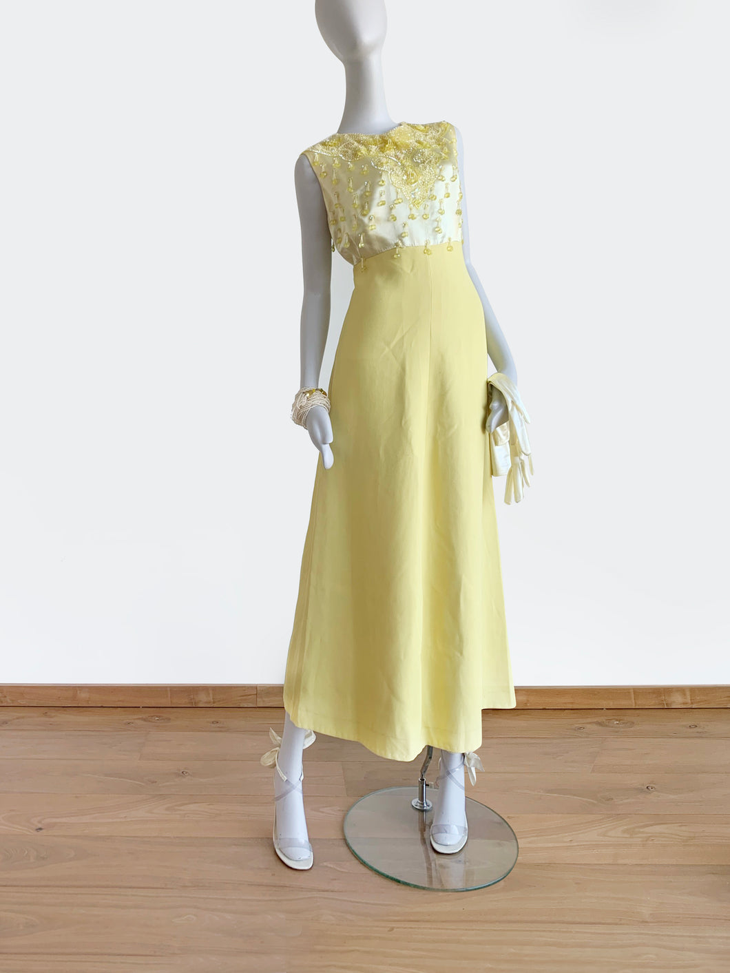 VINTAGE 1960S COUTURE LEMON DROP EMBELLISHED EVENING DRESS