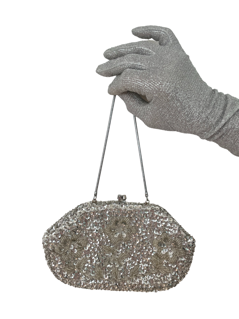 1970S SHELL & FLORAL SILVER SEQUIN BRIDAL BAG