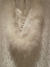 Load image into Gallery viewer, VINTAGE 1960S WHITE LACE &amp; MARABOU FEATHER CAPED WEDDING GOWN
