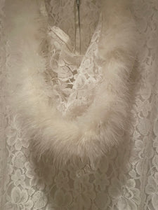 VINTAGE 1960S WHITE LACE & MARABOU FEATHER CAPED WEDDING GOWN