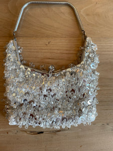 1970S HAND-MADE BEADED AND LUCITE DROP SILVER BRIDAL BAG